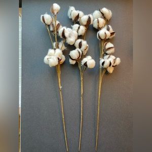 Faux cotton sprigs. White and brown. Farmhouse shabby chic. Lot of three.